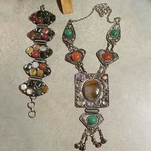 VTG.SET OF LG.BRACELET&NECKLACE W/REAL STONES